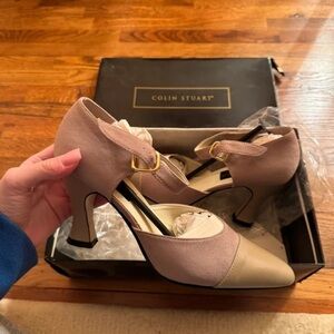 Colin Stuart Pink and Taupe Two-Tone Ankle Strap Heels